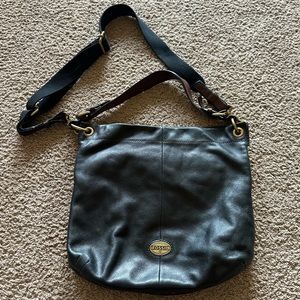 Large Black Leather Fossil Crossbody Bag